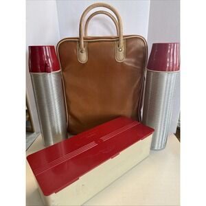 Vintage Rare Thermos Set 2 Ribbed Aluminum Thermoses/Cups Tan/red & Case 1950s
